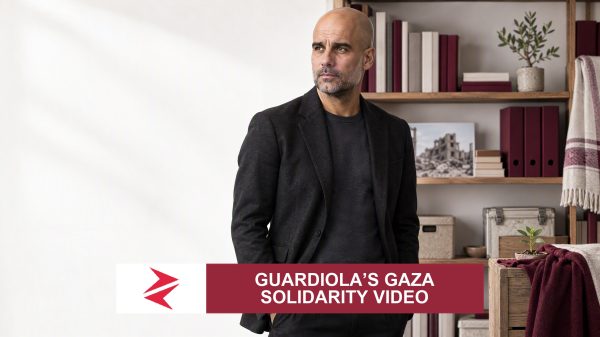 AI-generated editorial illustration: Conceptual editorial illustration for Guardiola’s Gaza Solidarity Video. Not a documentary photograph.