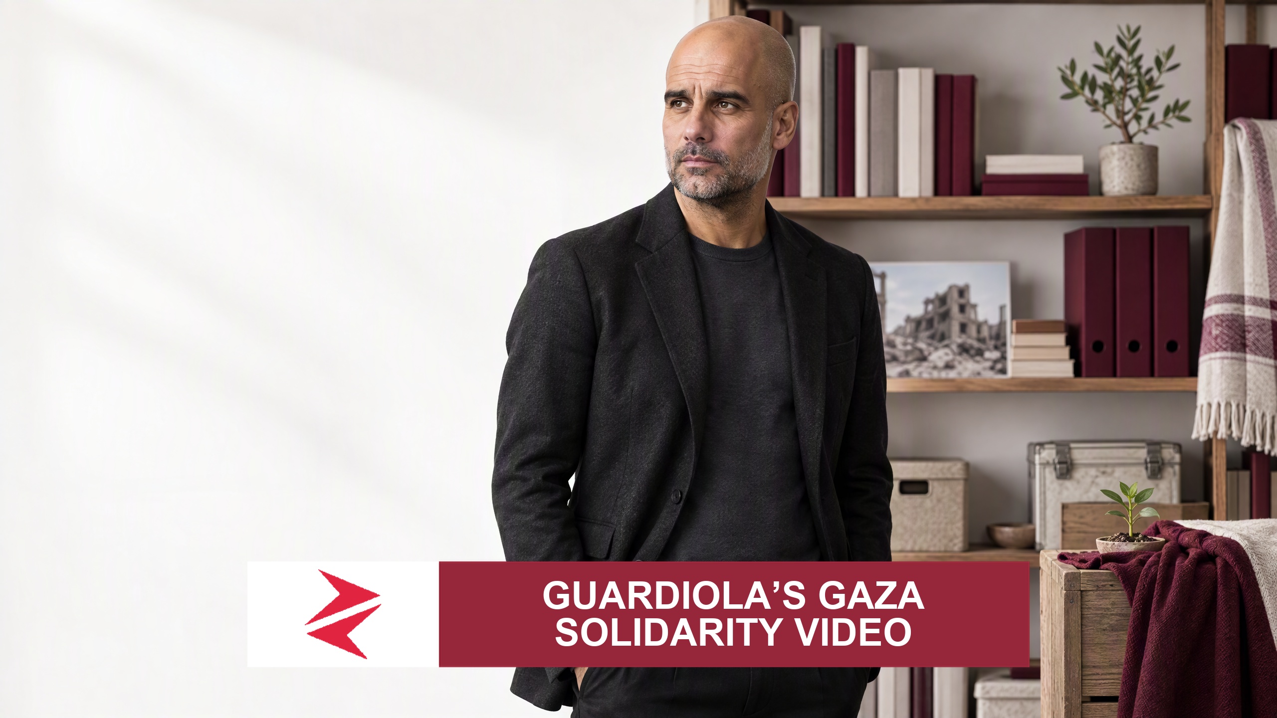AI-generated editorial illustration: Conceptual editorial illustration for Guardiola’s Gaza Solidarity Video. Not a documentary photograph.