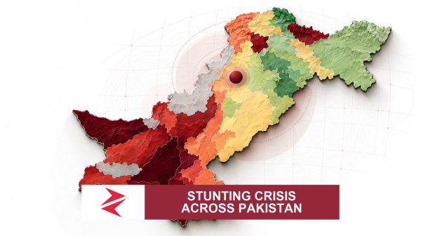 AI-generated editorial illustration: Conceptual editorial illustration for Stunting Crisis Across Pakistan. Not a documentary photograph.