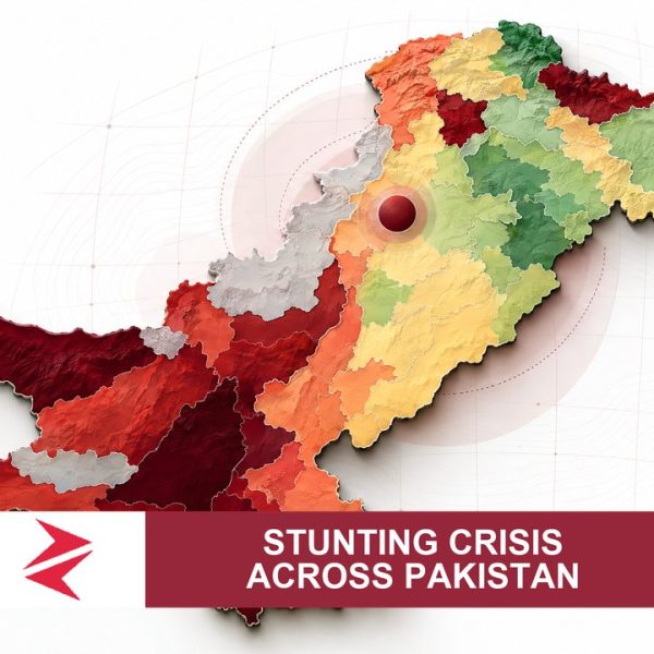 AI-generated editorial illustration: Conceptual editorial illustration for Stunting Crisis Across Pakistan. Not a documentary photograph.