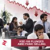 AI-generated editorial illustration: Conceptual editorial illustration for KSE‑100 Plunges Amid Panic Selling. Not a documentary photograph.