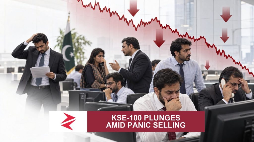 AI-generated editorial illustration: Conceptual editorial illustration for KSE‑100 Plunges Amid Panic Selling. Not a documentary photograph.