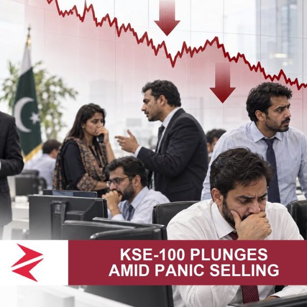 AI-generated editorial illustration: Conceptual editorial illustration for KSE‑100 Plunges Amid Panic Selling. Not a documentary photograph.