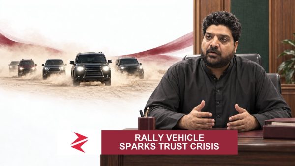 AI-generated editorial illustration: Conceptual editorial illustration for Rally Vehicle Sparks Trust Crisis. Not a documentary photograph.
