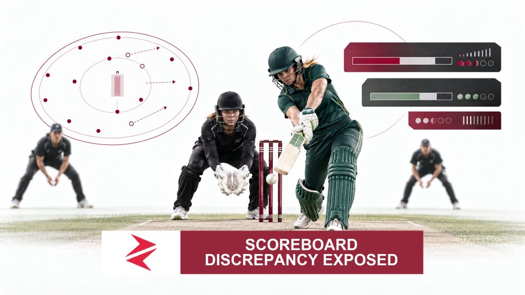 AI-generated editorial illustration: Conceptual editorial illustration for Scoreboard Discrepancy Exposed. Not a documentary photograph.