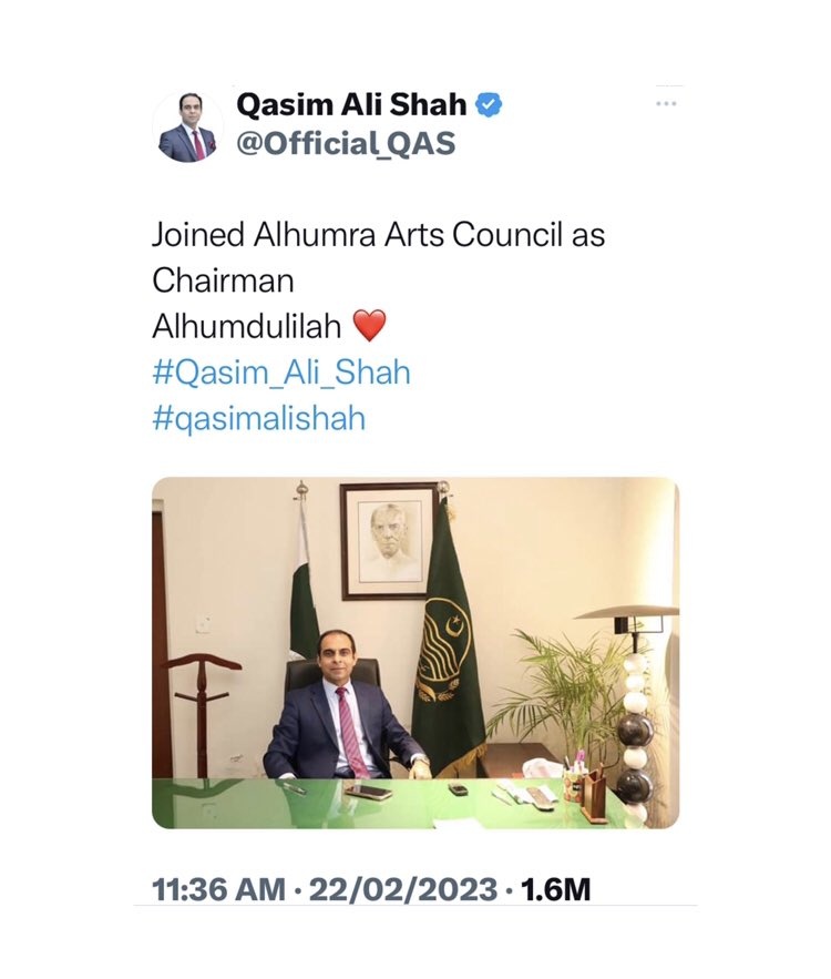X post screenshot showing Qasim Ali Shah’s tweet announcing he joined Alhumra Arts Council as Chairman, timestamped 22 Feb 2023