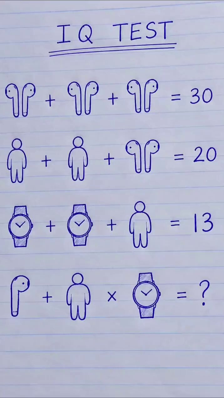 Hand‑drawn puzzle on notebook paper showing emoji icons for earbuds, walkers and watches with equations equating icon groups to numbers