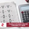 AI-generated editorial illustration: Conceptual editorial illustration for Puzzle Sparks Online Credibility War. Not a documentary photograph.