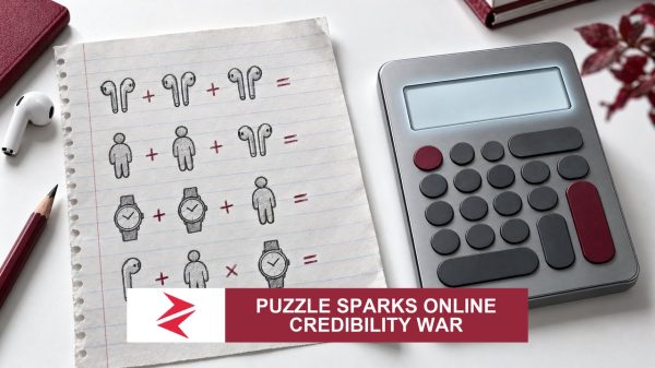 AI-generated editorial illustration: Conceptual editorial illustration for Puzzle Sparks Online Credibility War. Not a documentary photograph.