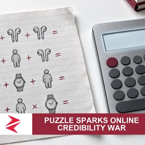 AI-generated editorial illustration: Conceptual editorial illustration for Puzzle Sparks Online Credibility War. Not a documentary photograph.