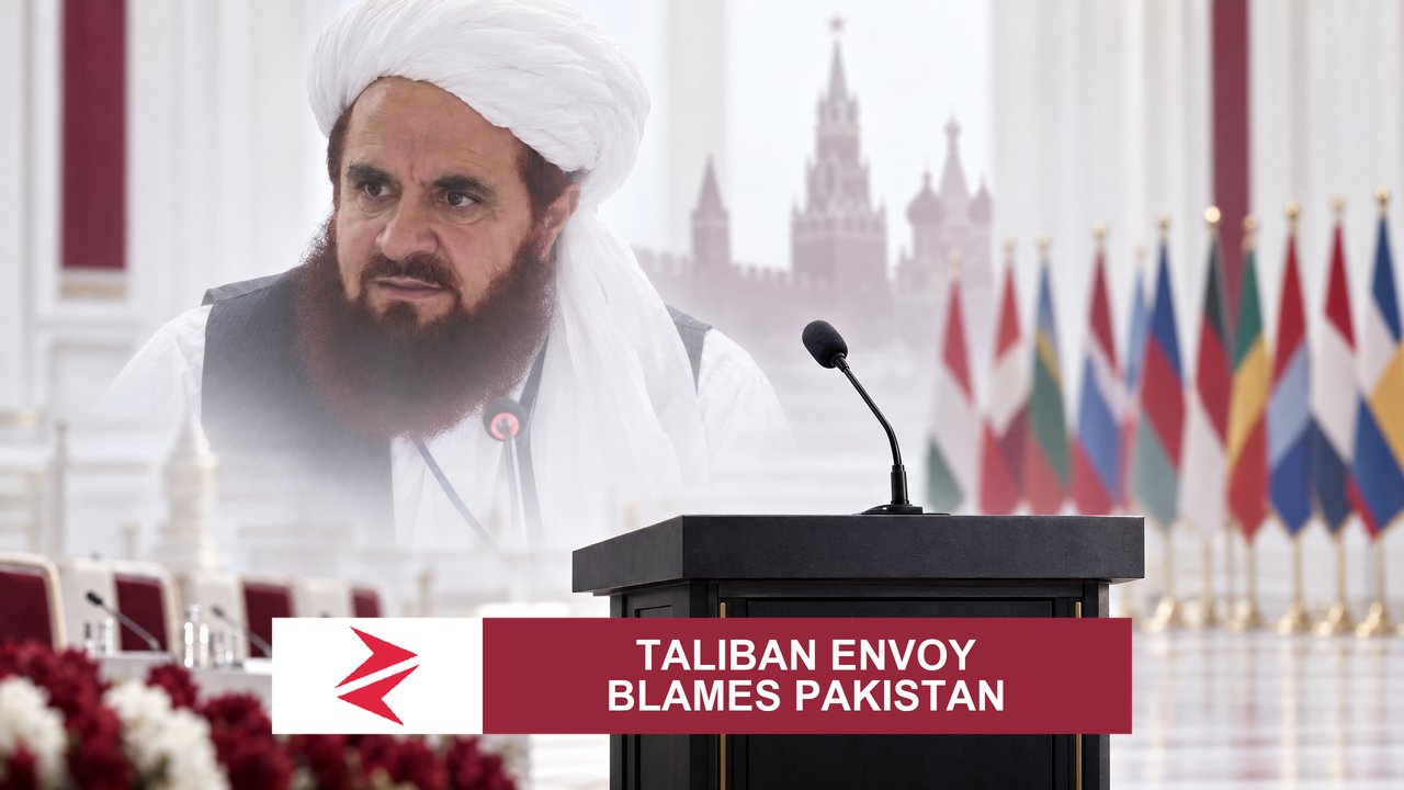AI-generated editorial illustration: Conceptual editorial illustration for Taliban Envoy Blames Pakistan. Not a documentary photograph.