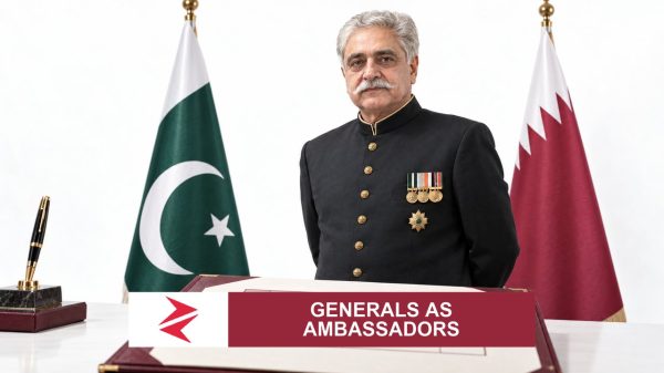 AI-generated editorial illustration: Conceptual editorial illustration for Generals as Ambassadors. Not a documentary photograph.