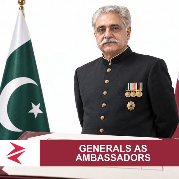 AI-generated editorial illustration: Conceptual editorial illustration for Generals as Ambassadors. Not a documentary photograph.