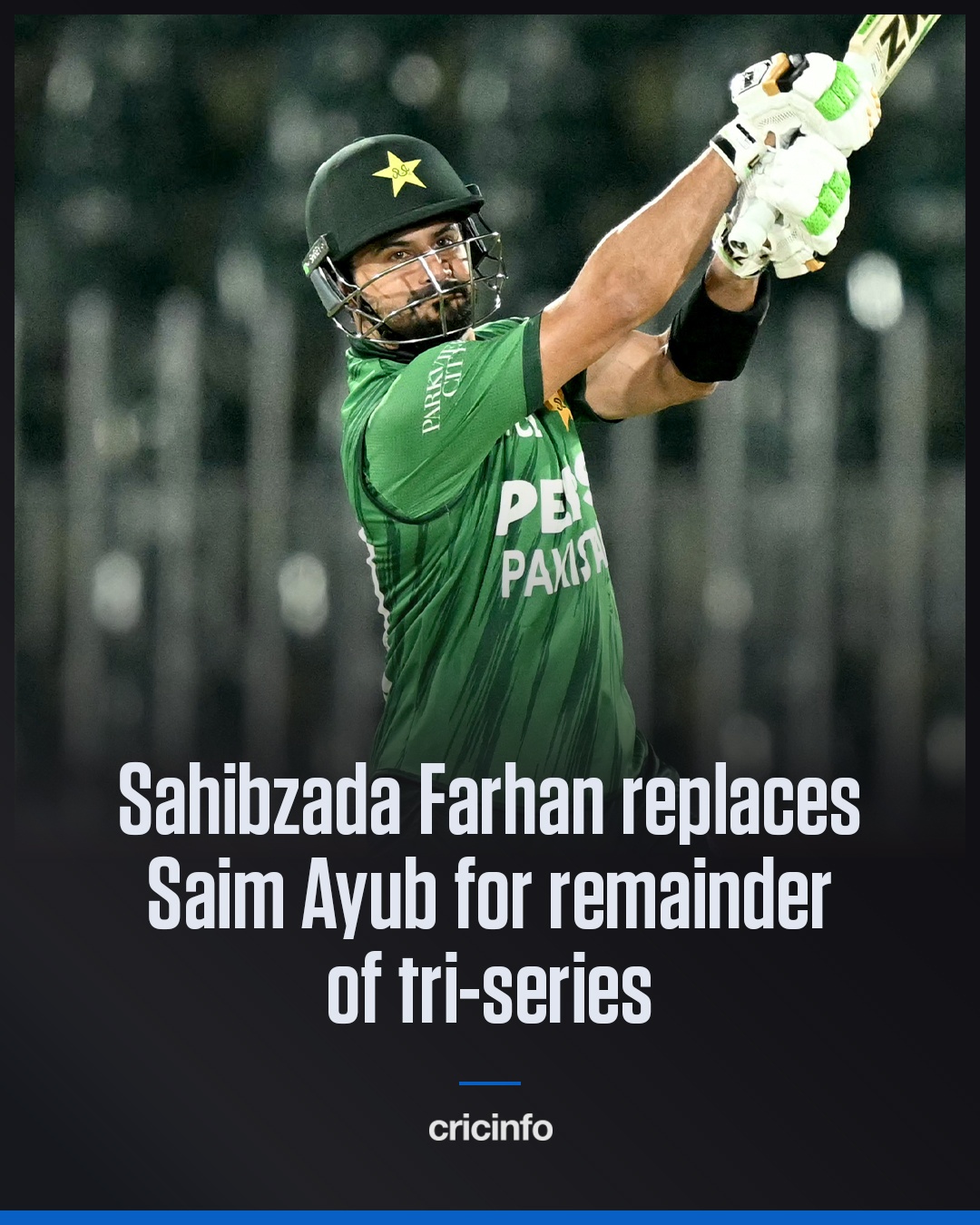 Graphic showing a Pakistani player in green kit mid‑batting swing with text stating 'Sahibzada Farhan replaces Saim Ayub for remainder of tri‑series'