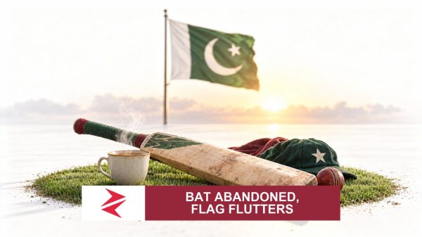 AI-generated editorial illustration: Conceptual editorial illustration for Bat Abandoned, Flag Flutters. Not a documentary photograph.