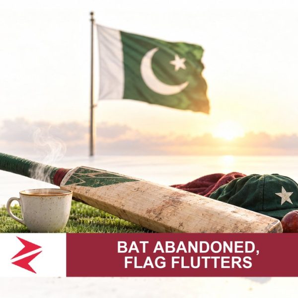 AI-generated editorial illustration: Conceptual editorial illustration for Bat Abandoned, Flag Flutters. Not a documentary photograph.