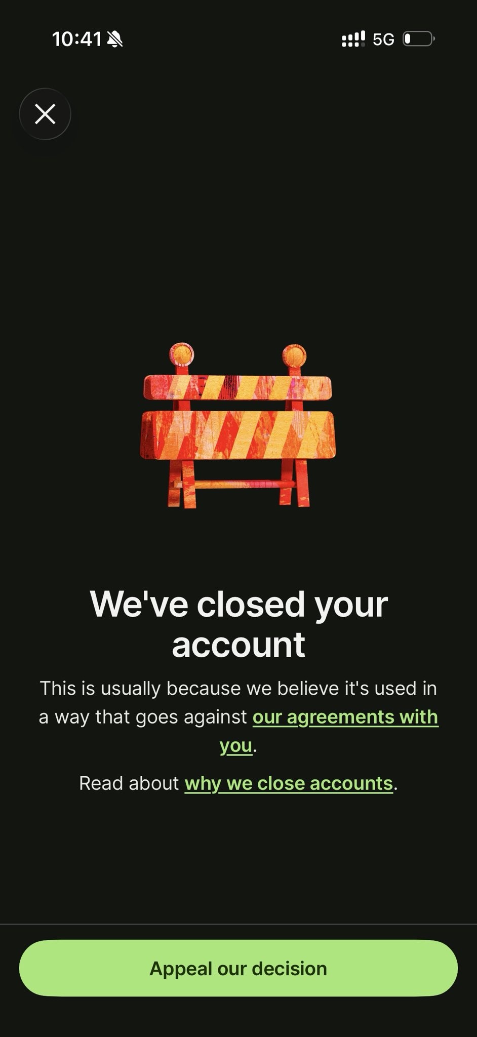Screenshot of Wise mobile app notification stating “We’ve closed your account” with explanation that it is usually due to a breach of agreements and a link to read why accounts are closed